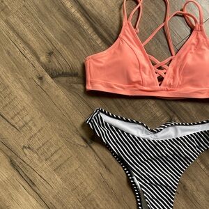 Cupshe Small "Neon Peachy Pink & Black and White Striped" Bikini
